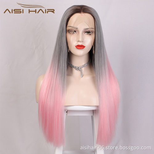 Aisi Hair Wholesale Long Silky Straight Ombre Pink Dark Root Lace Wig Middle Part Synthetic Hair Lace Frontal Wigs For Women